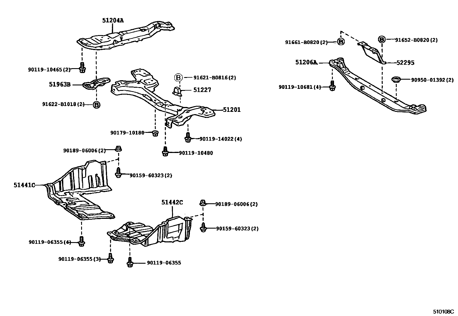 Toyota COROLLA 悬架横梁和发动机底罩 EPC diagram — 510108C