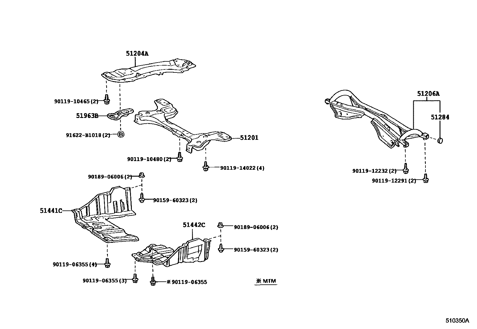 Toyota COROLLA 悬架横梁和发动机底罩 EPC diagram — 510350A