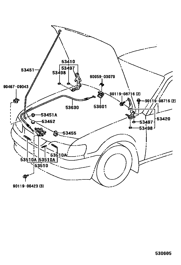 Toyota COROLLA 发动机盖锁和铰链 EPC diagram — 530605