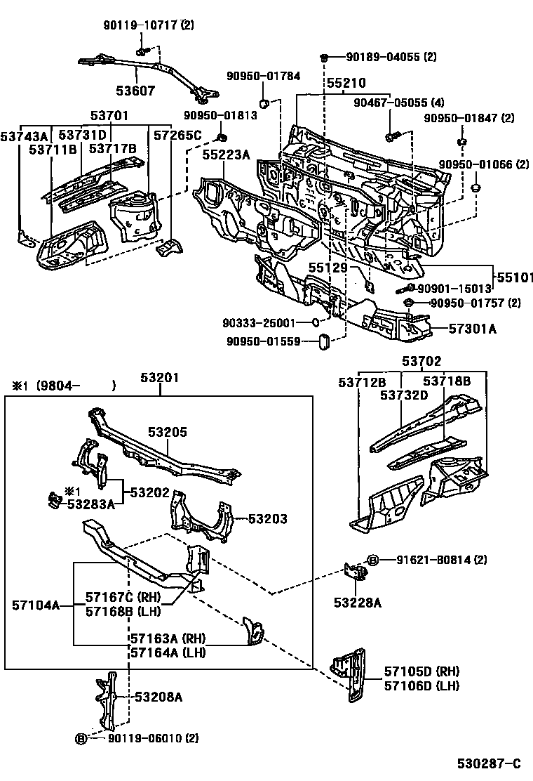 Toyota COROLLA 前翼子板挡泥板和前围板 EPC diagram — 530287C