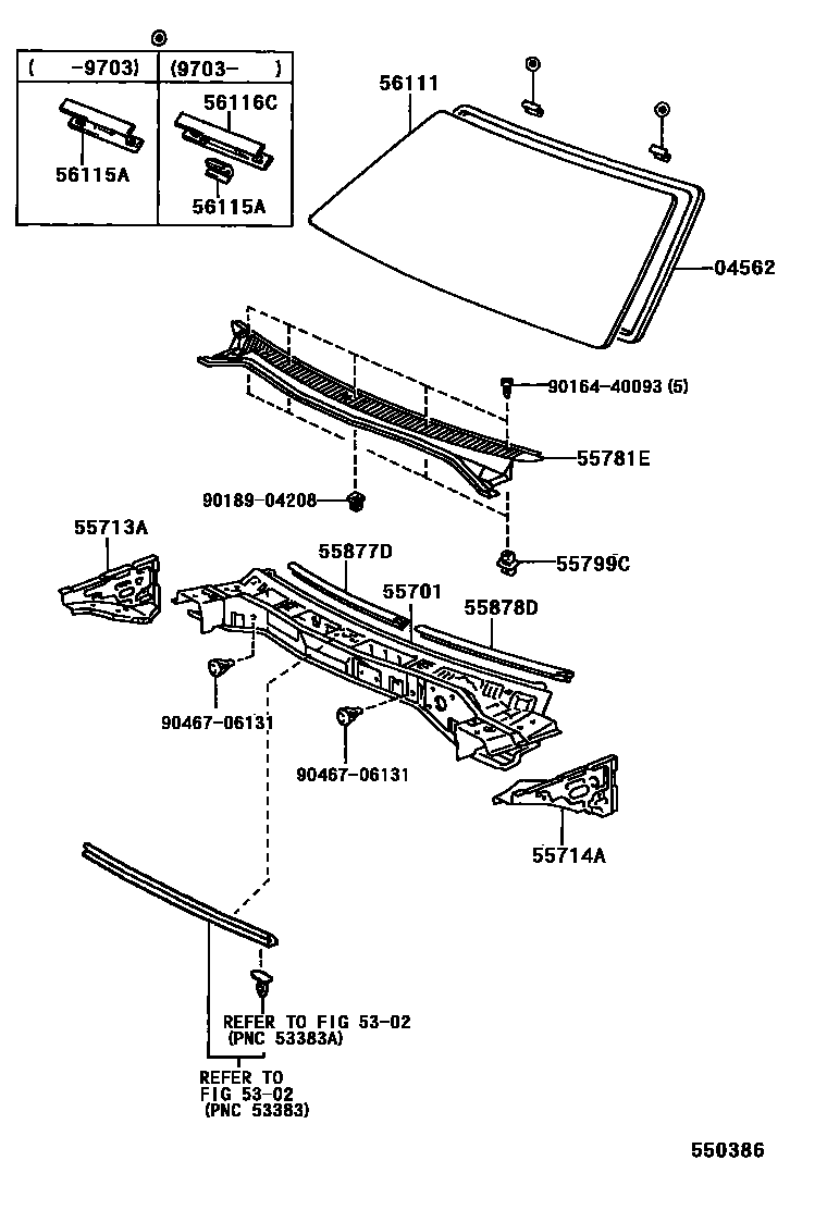 Toyota COROLLA 前围板和挡风玻璃 EPC diagram — 550386