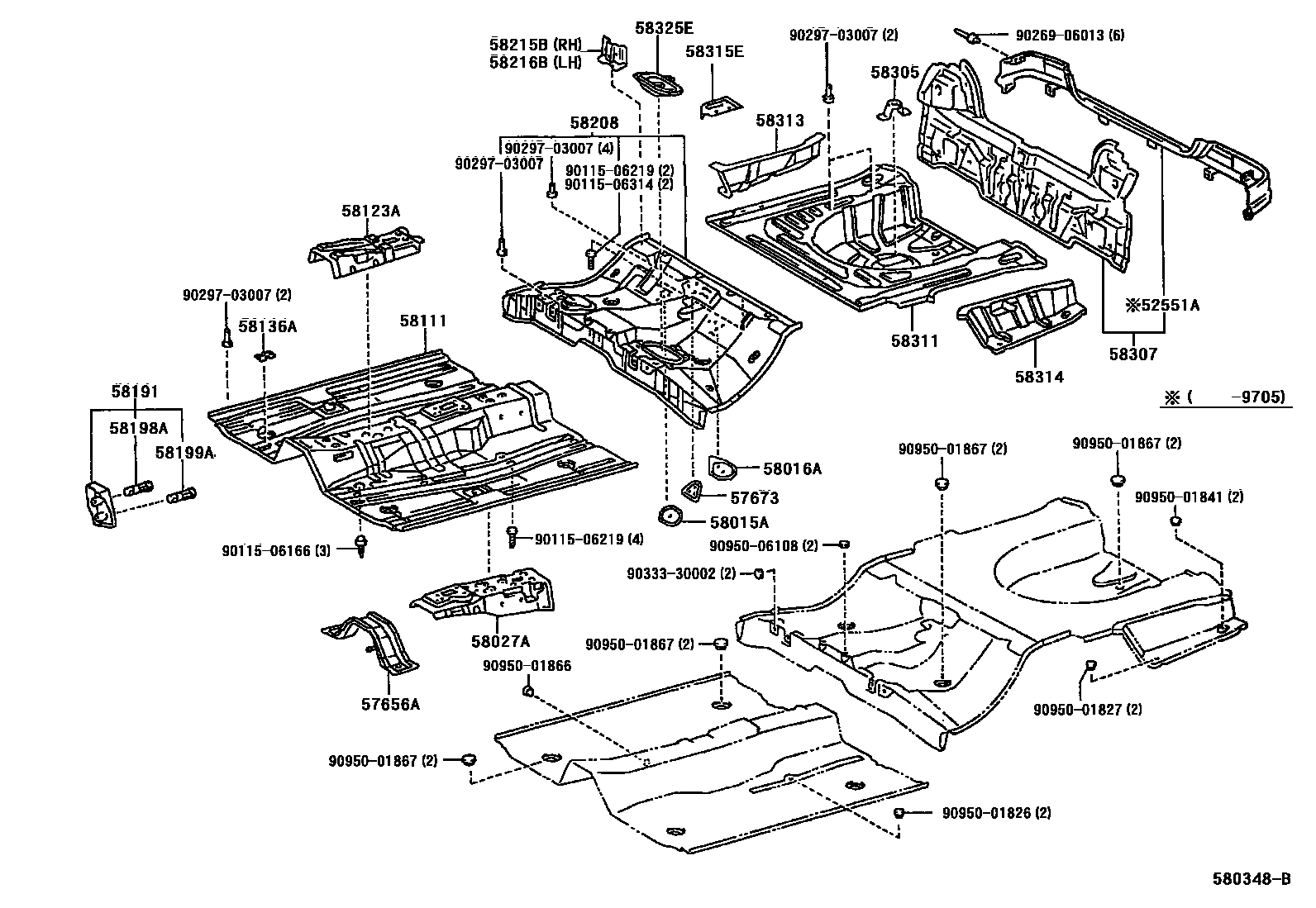 Toyota COROLLA 浅盘形地板和车身下背板 EPC diagram — 580348B