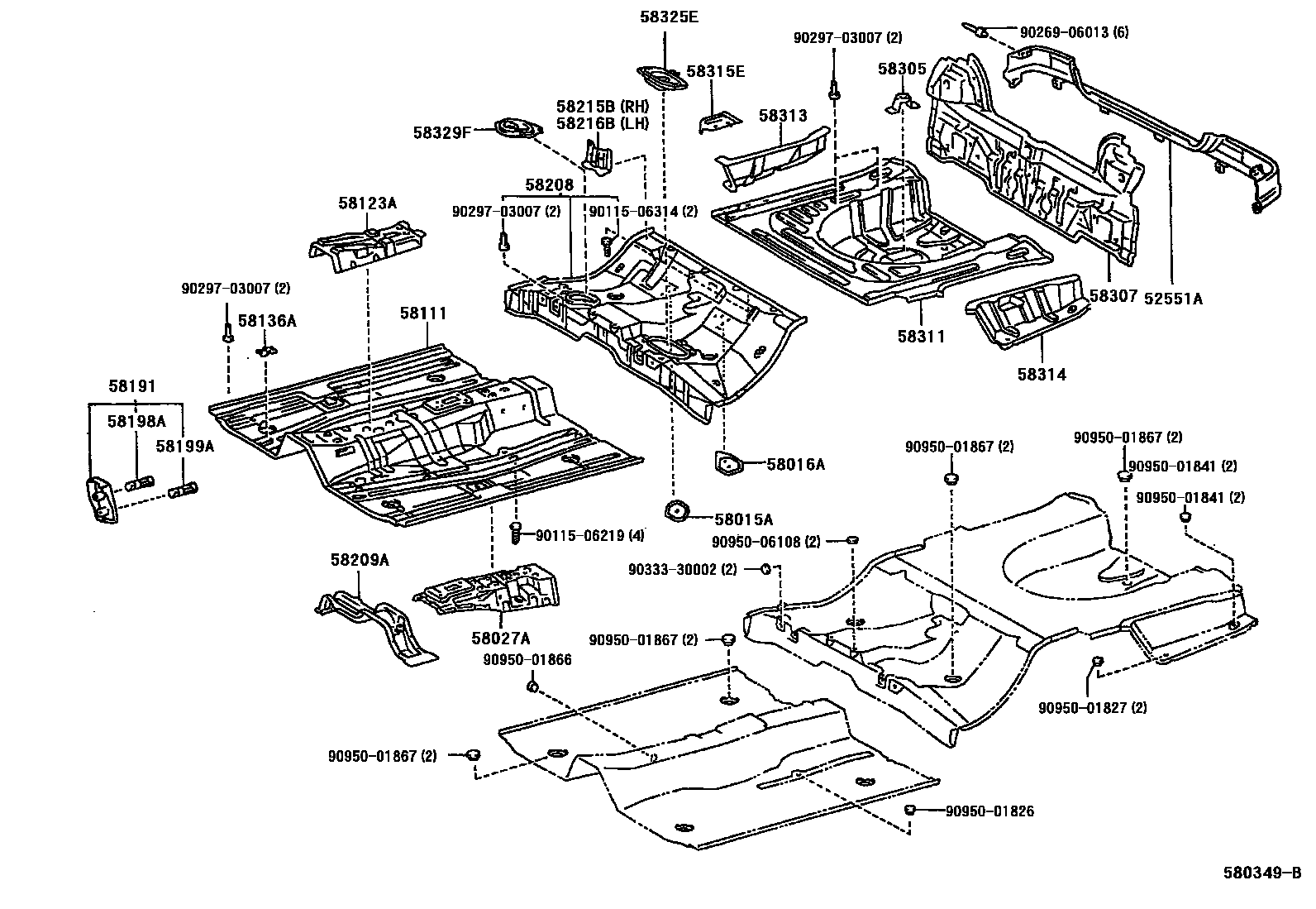 Toyota COROLLA 浅盘形地板和车身下背板 EPC diagram — 580349B