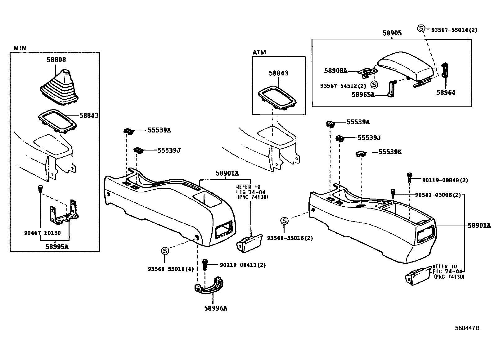 Toyota COROLLA 中央扶手箱和支架 EPC diagram — 580447B