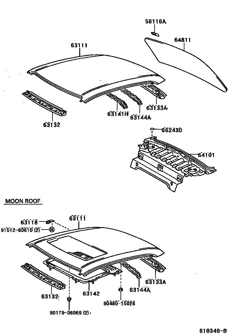 Toyota COROLLA 天窗板和背窗玻璃 EPC diagram — 610346B