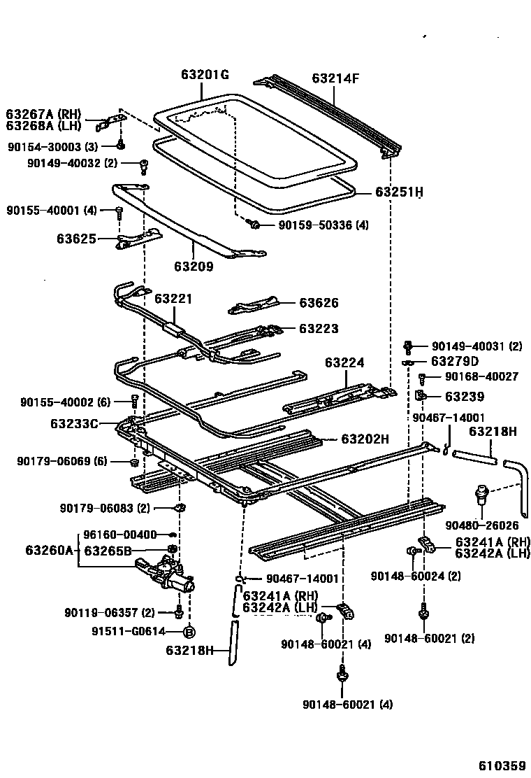 Toyota COROLLA 天窗板和背窗玻璃 EPC diagram — 610359