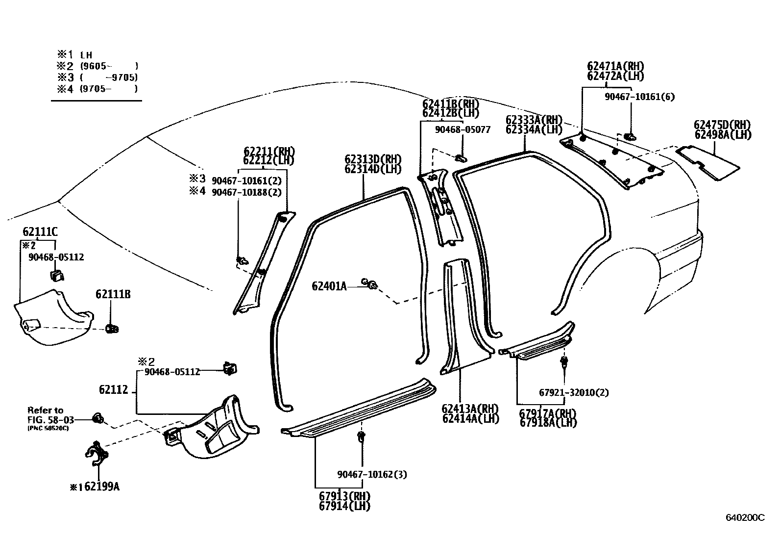 Toyota COROLLA 内饰板和车门防水胶条 EPC diagram — 640200C