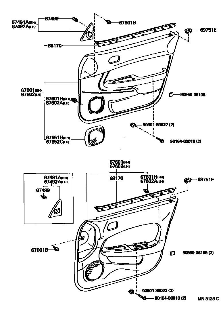 Toyota COROLLA 前门板和前门玻璃 EPC diagram — MN3123C