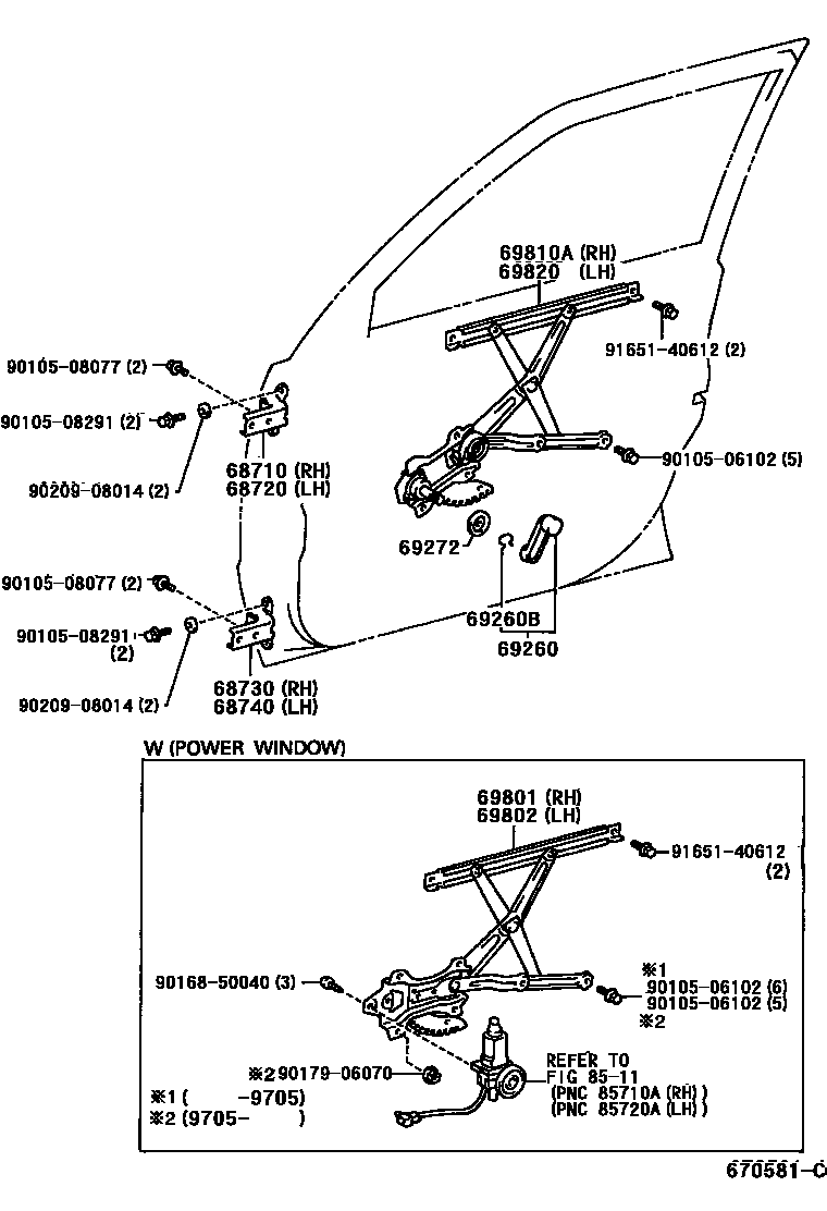 Toyota COROLLA 前门车窗升降器和合页 EPC diagram — 670581C