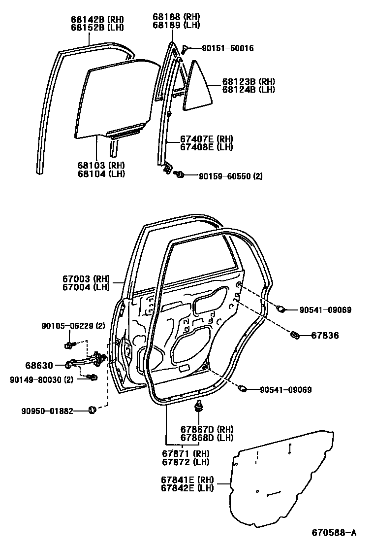 Toyota COROLLA 后门板和后门玻璃 EPC diagram — 670588A