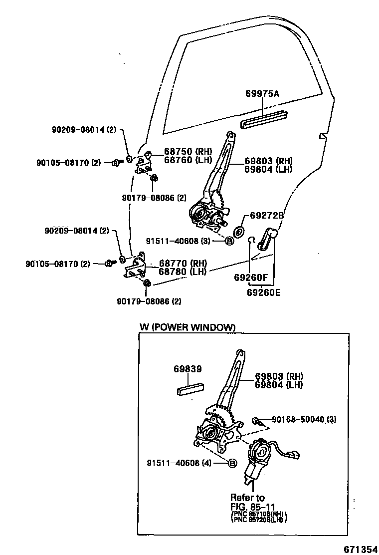 Toyota COROLLA 后门车窗升降器和合页 EPC diagram — 671354
