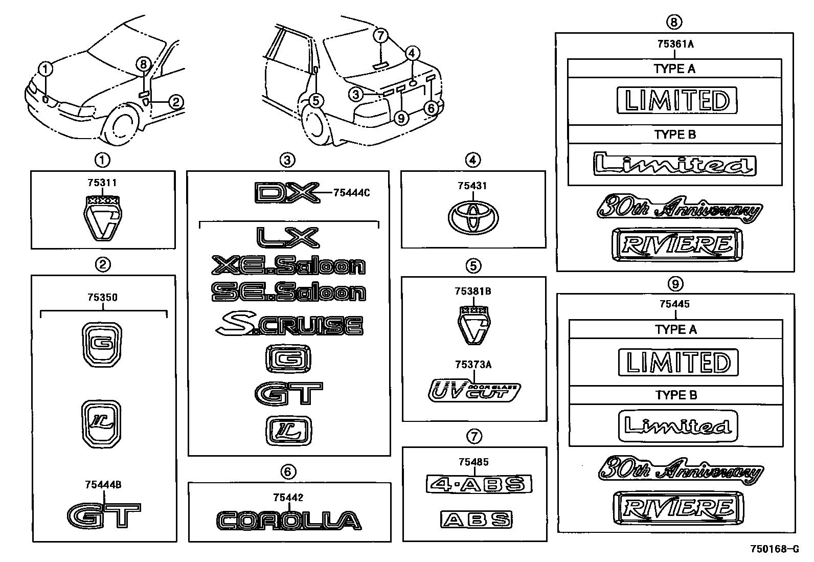 Toyota COROLLA 丰田徽标和铭牌(车外和车内) EPC diagram — 750168G