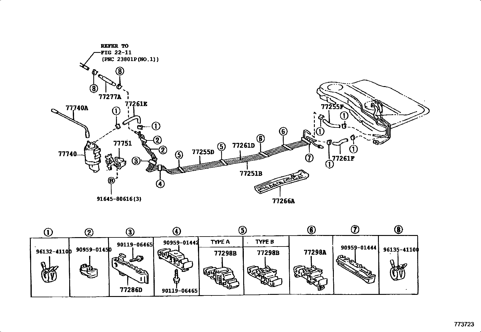Toyota COROLLA 燃油箱和燃油管 EPC diagram — 773723