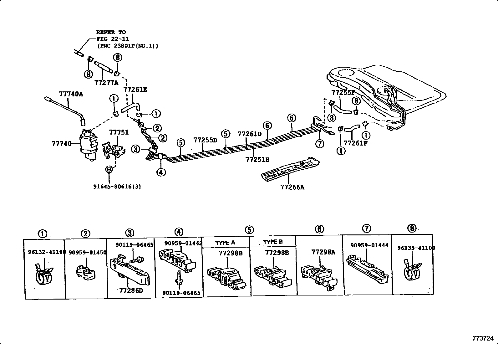 Toyota COROLLA 燃油箱和燃油管 EPC diagram — 773724