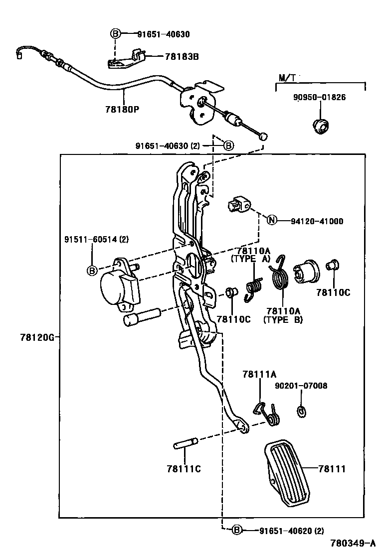 Toyota COROLLA accelerator pedal connecting rod EPC diagram — 780349A