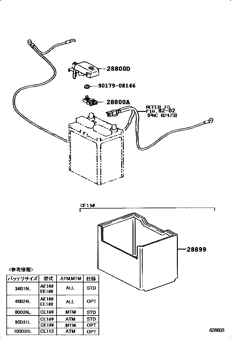 Toyota COROLLA 蓄电池和蓄电池电缆 EPC diagram — 828693