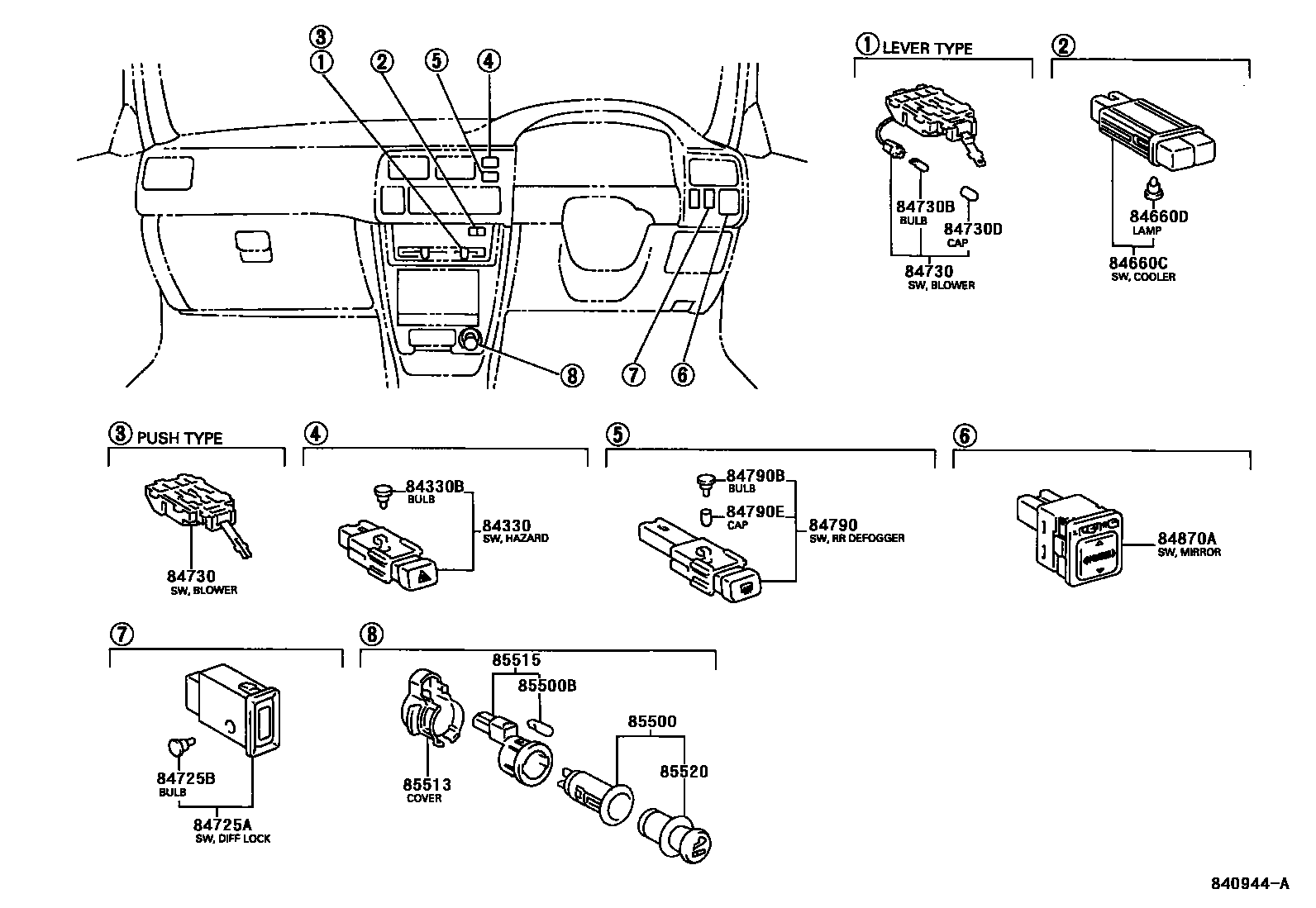Toyota COROLLA 开关和继电器和ECU EPC diagram — 840944A