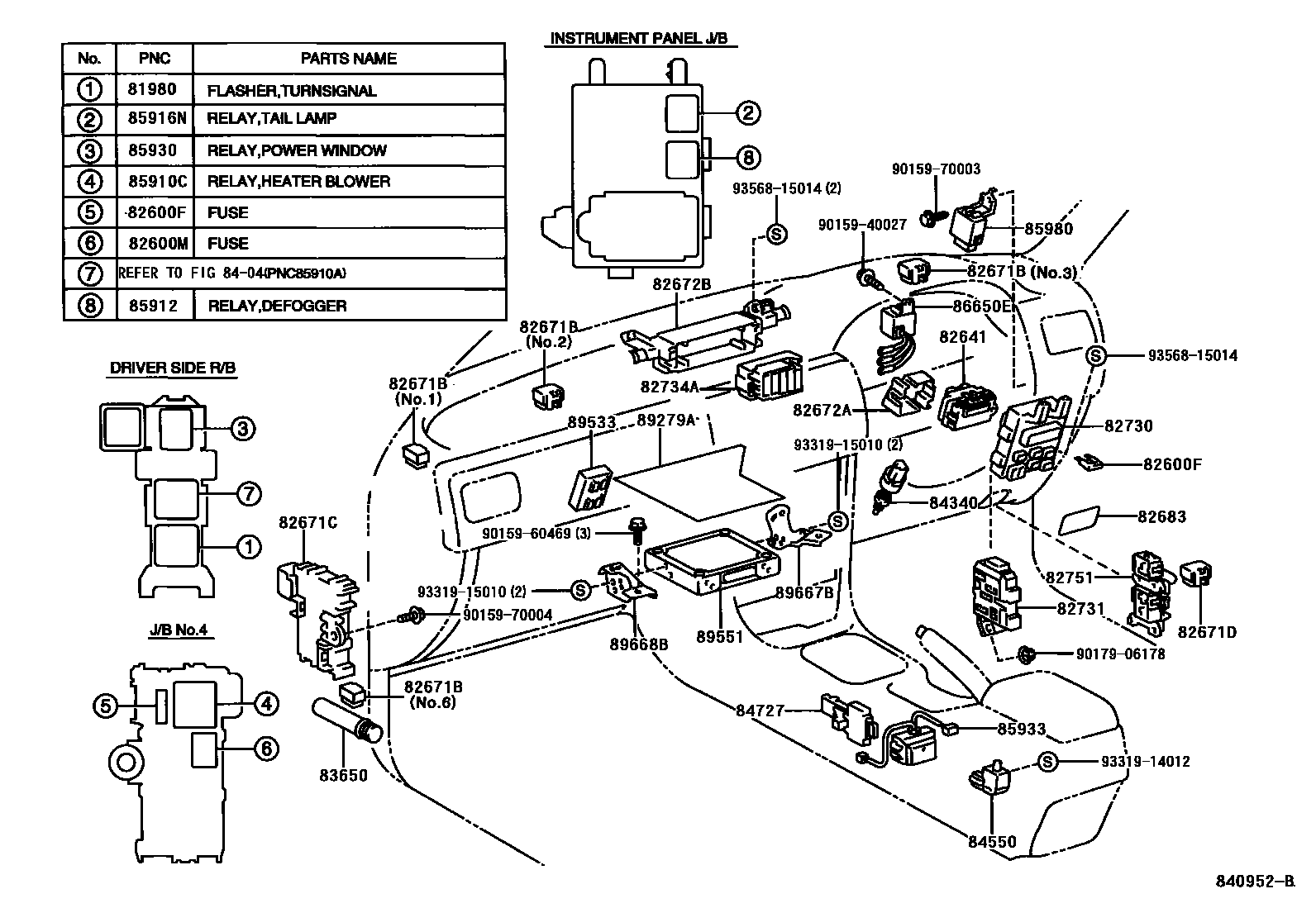 Toyota COROLLA 开关和继电器和ECU EPC diagram — 840952B