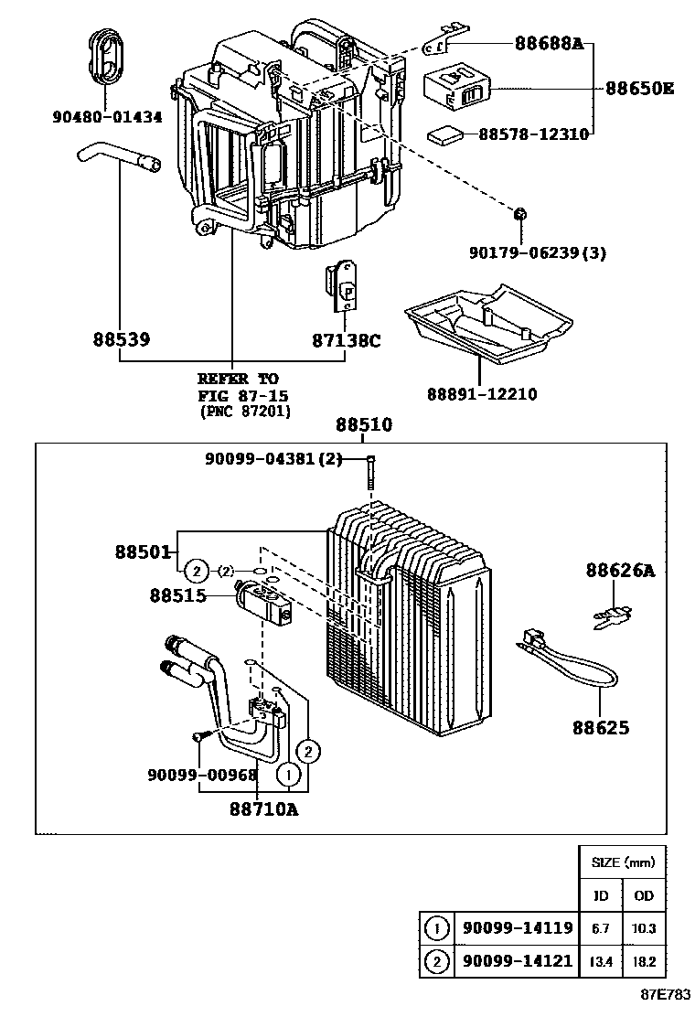 Toyota COROLLA 暖风和空调系统 - 冷却器组件 EPC diagram — 87E783