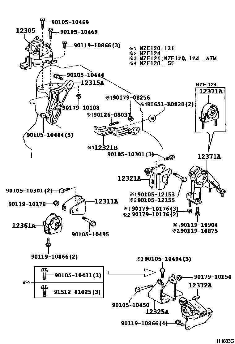 Toyota COROLLA Engine Mounting EPC diagram — 111833G