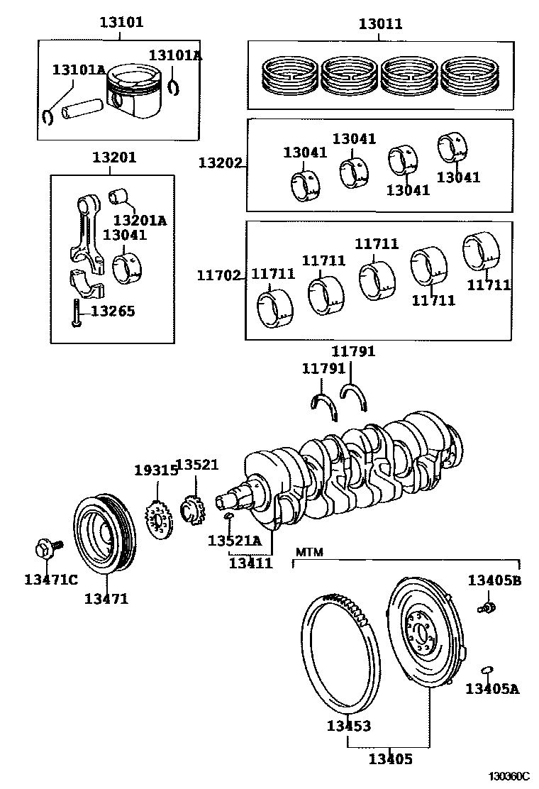 Toyota COROLLA Crankshaft & Piston EPC diagram — 130360C