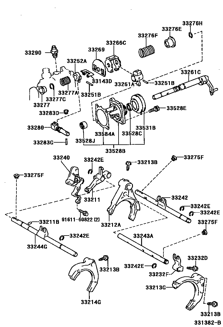 Toyota COROLLA 换档拨叉和换档杆轴(MTM) EPC diagram — 331382B