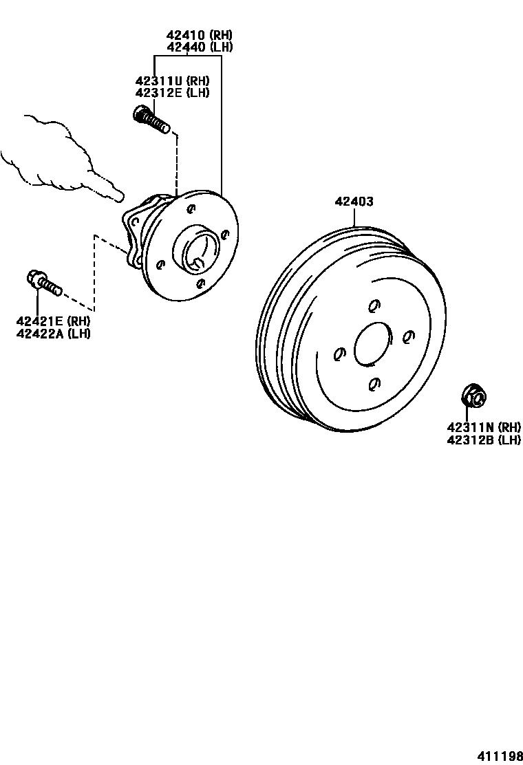 Toyota COROLLA 后桥半轴和后桥轮毂 EPC diagram — 411198