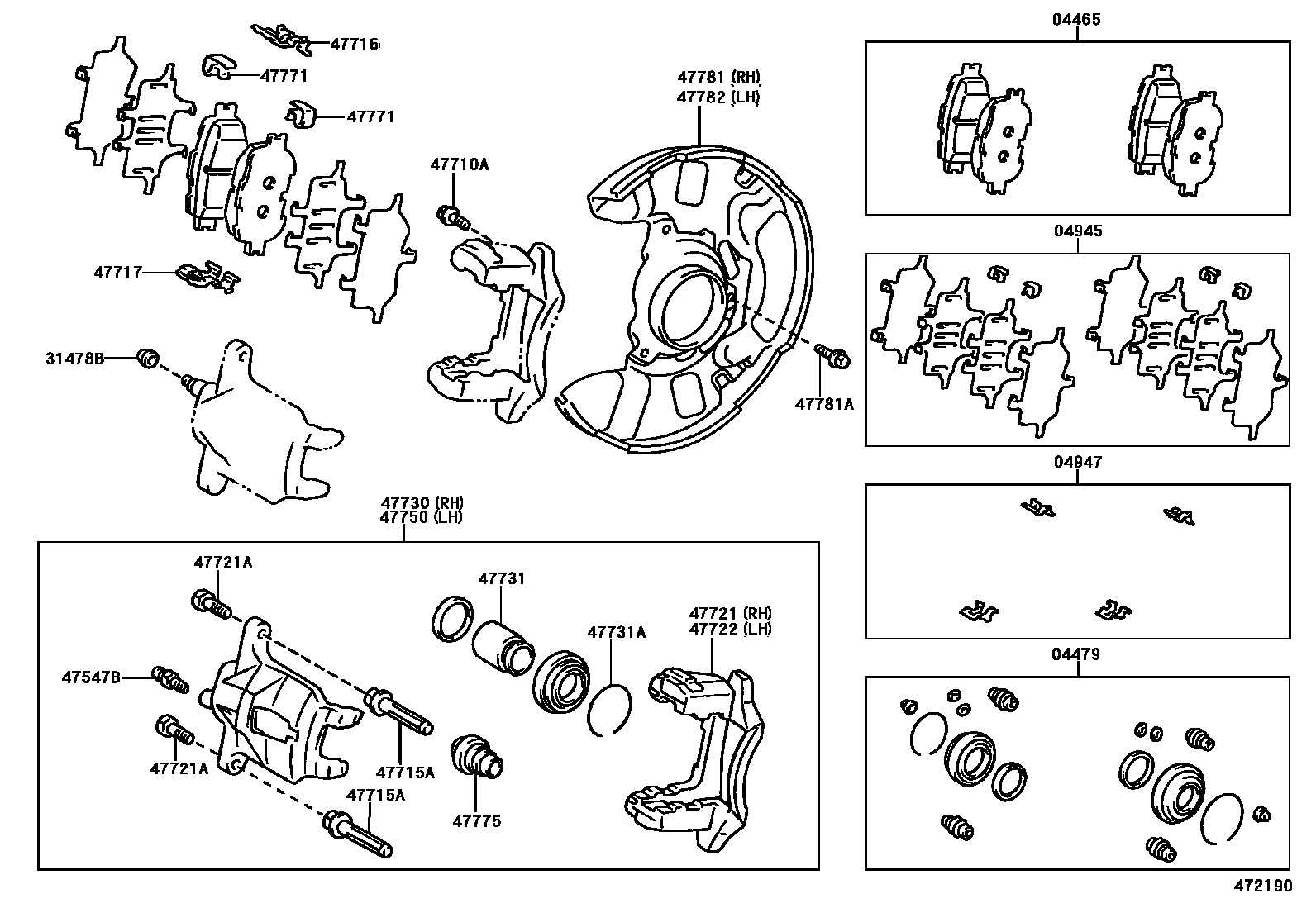 Toyota COROLLA 前盘式制动器卡钳和防尘罩 EPC diagram — 472190