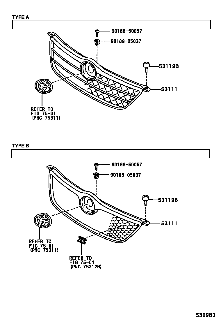 Toyota COROLLA radiator grille EPC diagram — 530983