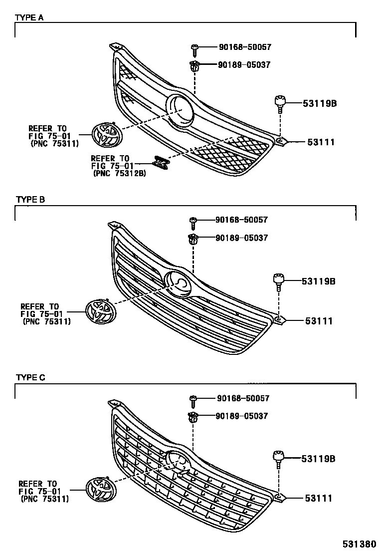 Toyota COROLLA radiator grille EPC diagram — 531380