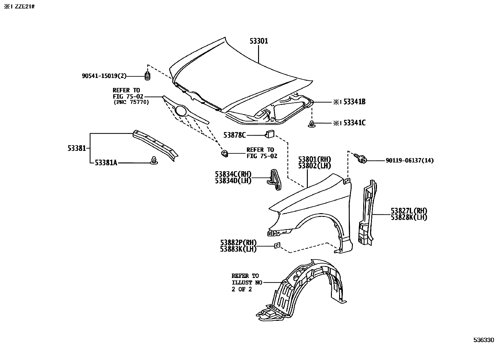 Toyota COROLLA 发动机盖和前翼子板 EPC diagram — 536330