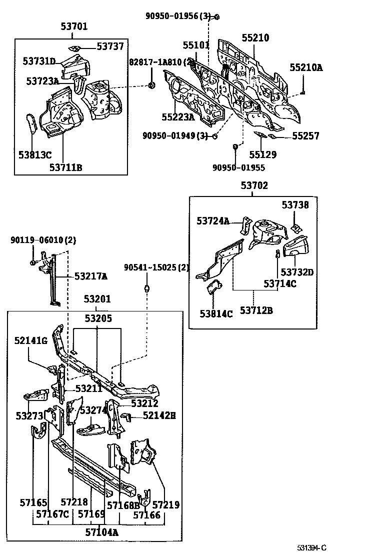 Toyota COROLLA 前翼子板挡泥板和前围板 EPC diagram — 531394C