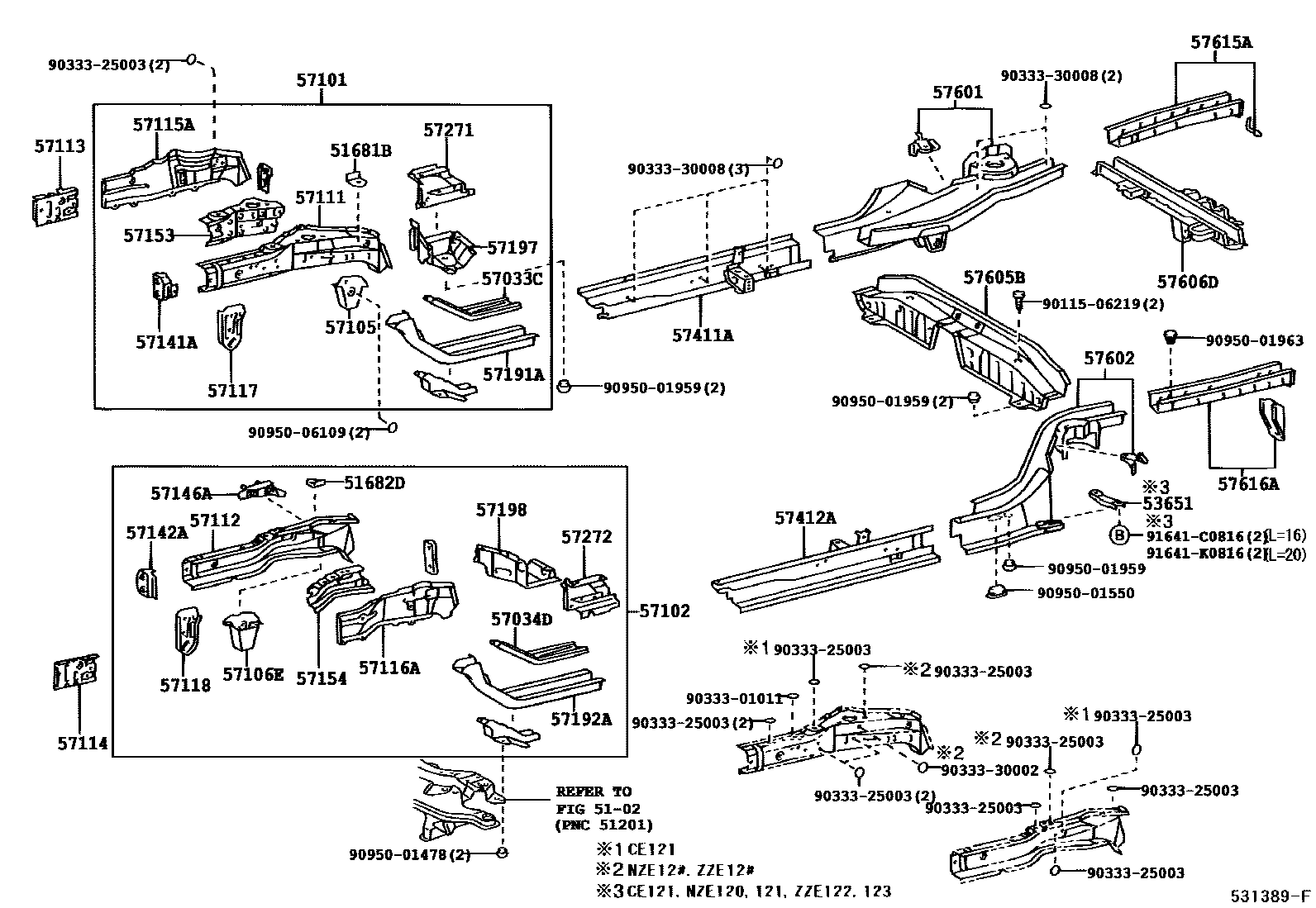 Toyota COROLLA Floor stringers EPC diagram — 531389F