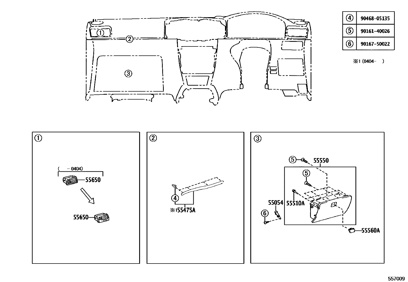 Toyota COROLLA 仪表板和手套箱 EPC diagram — 557009