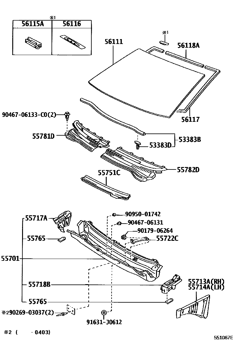 Toyota COROLLA 前围板和挡风玻璃 EPC diagram — 551067E