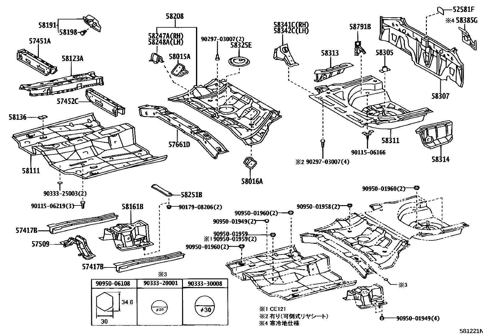 Toyota COROLLA 浅盘形地板和车身下背板 EPC diagram — 581221N