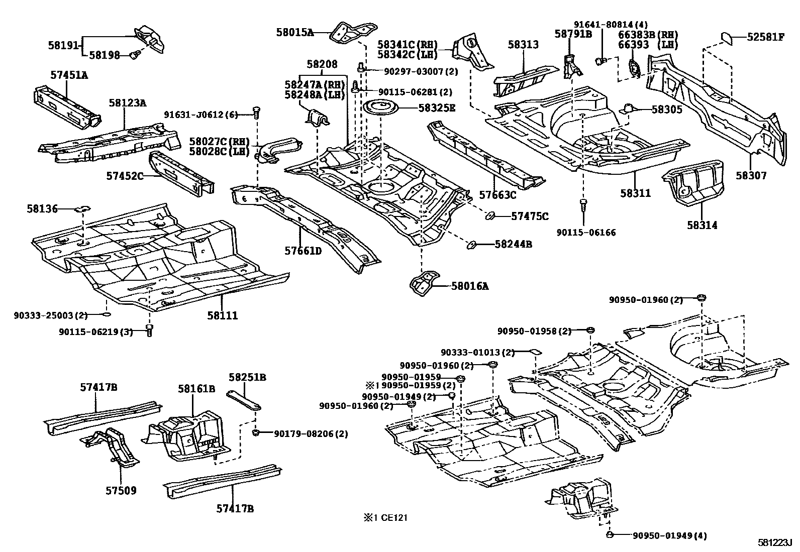Toyota COROLLA 浅盘形地板和车身下背板 EPC diagram — 581223J