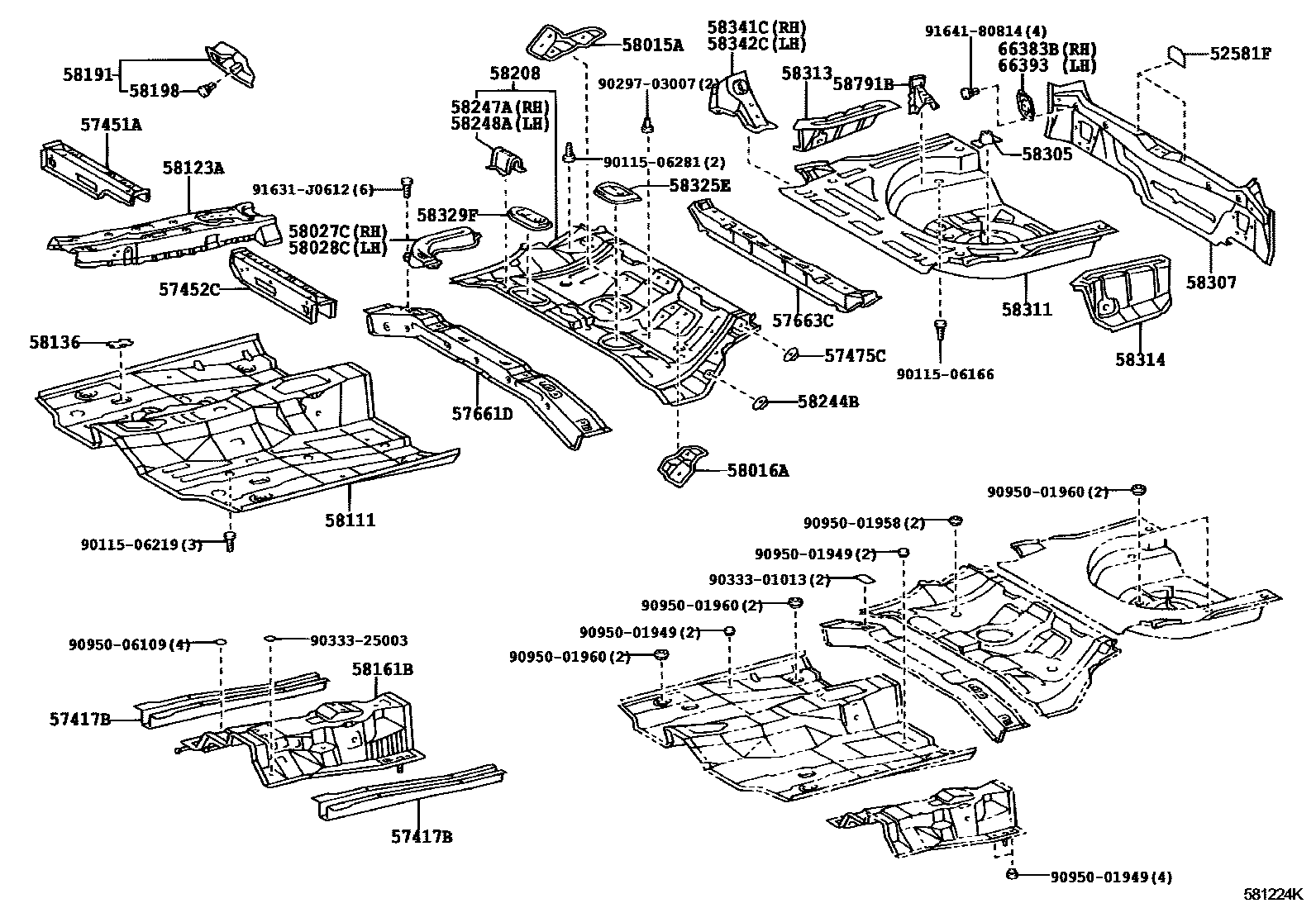 Toyota COROLLA 浅盘形地板和车身下背板 EPC diagram — 581224K