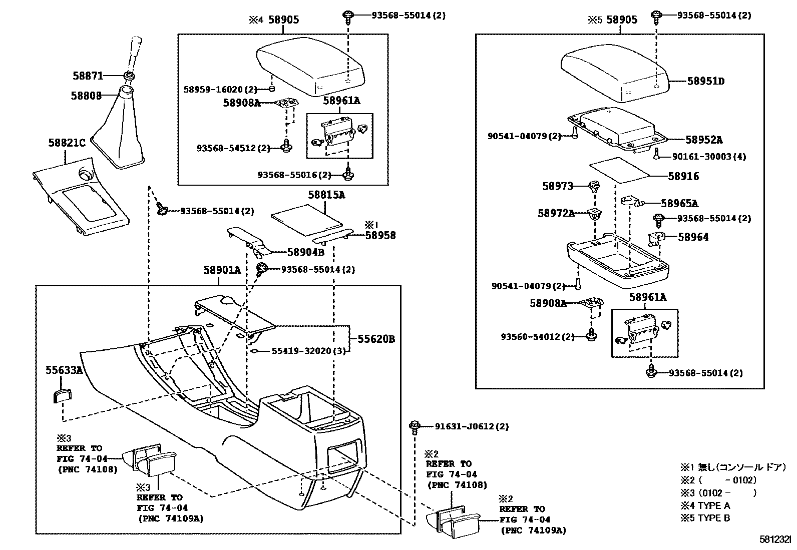Toyota COROLLA 中央扶手箱和支架 EPC diagram — 581232I