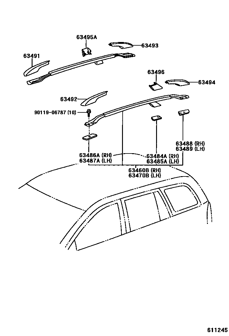 Toyota COROLLA 天窗板和背窗玻璃 EPC diagram — 611245