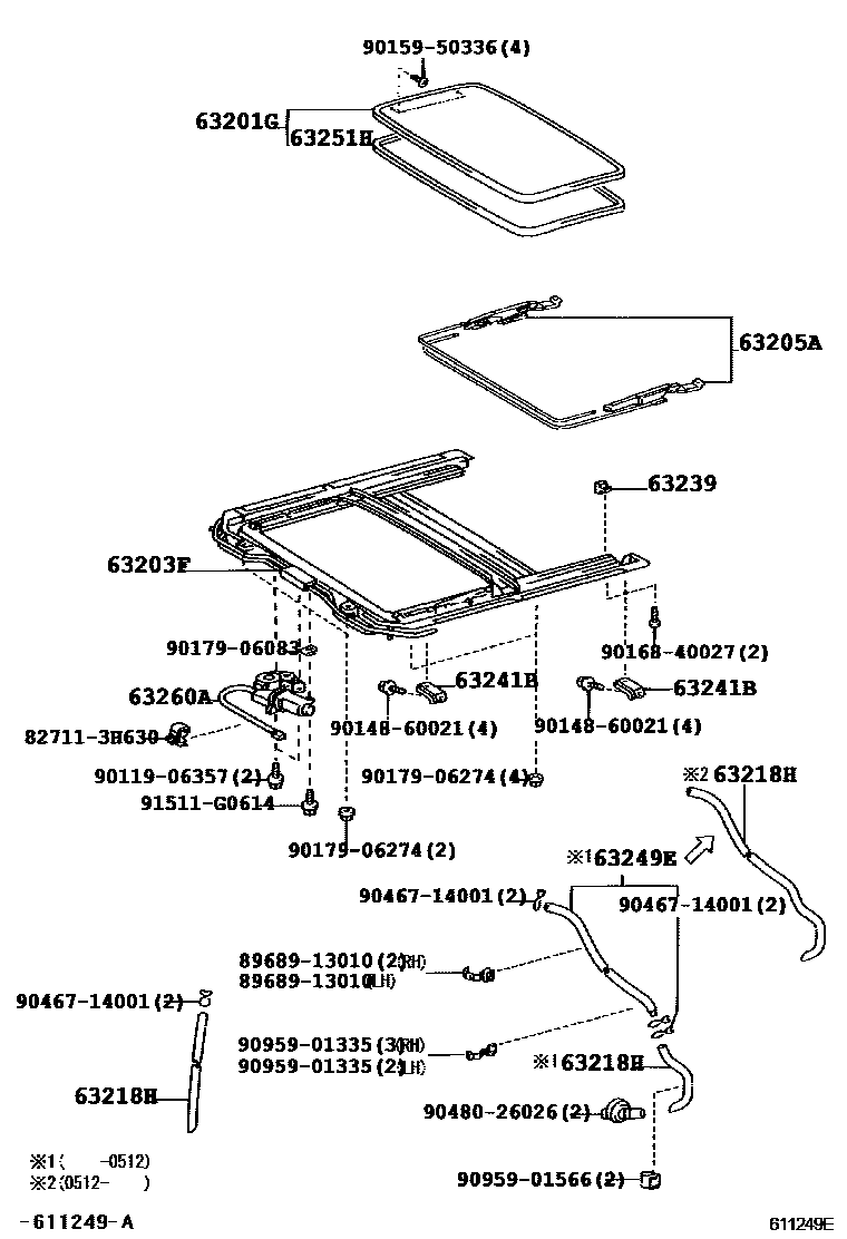 Toyota COROLLA 天窗板和背窗玻璃 EPC diagram — 611249E