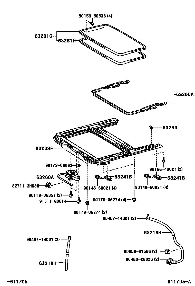 Toyota COROLLA 天窗板和背窗玻璃 EPC diagram — 611705A