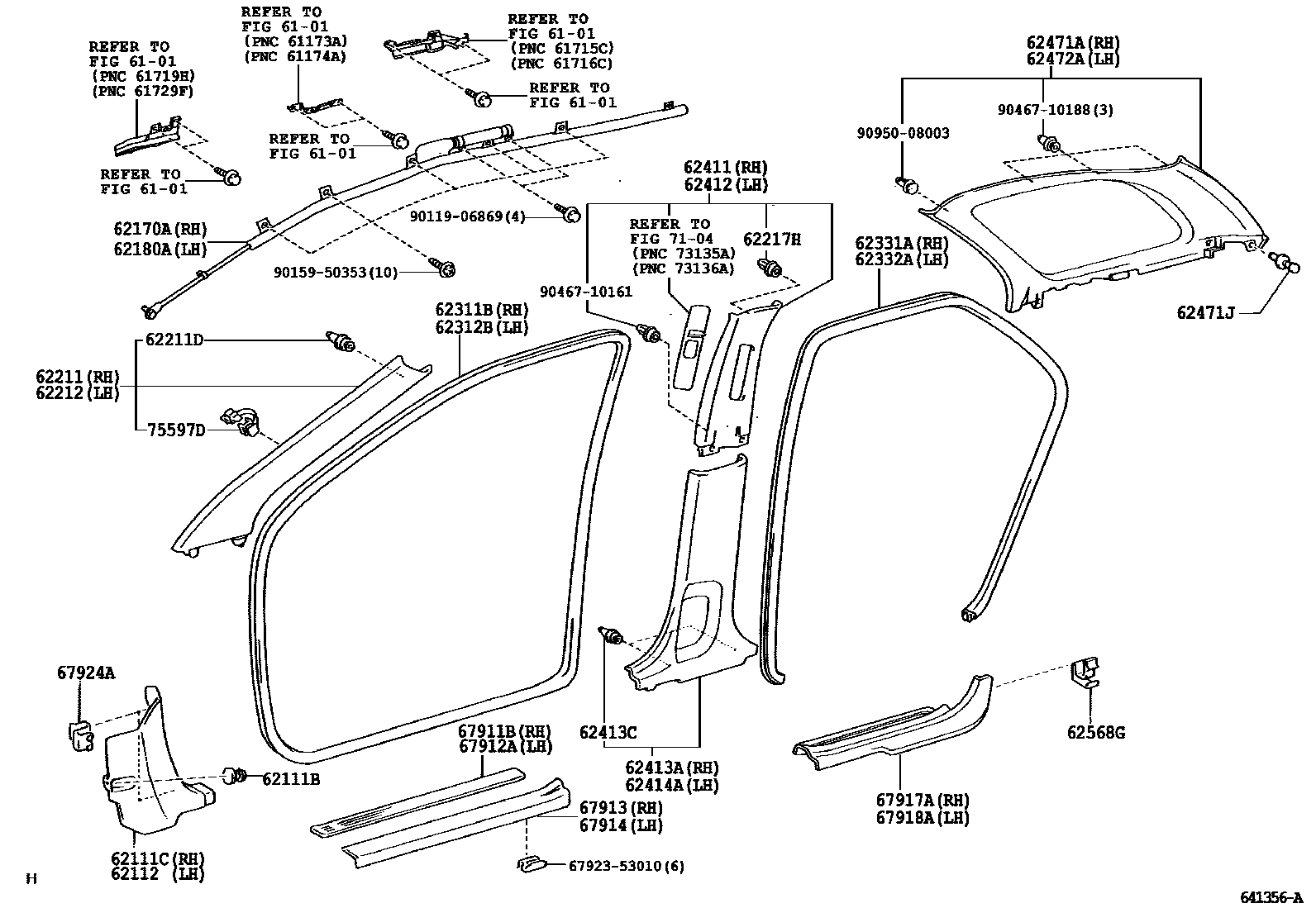 Toyota COROLLA 内饰板和车门防水胶条 EPC diagram — 641356A