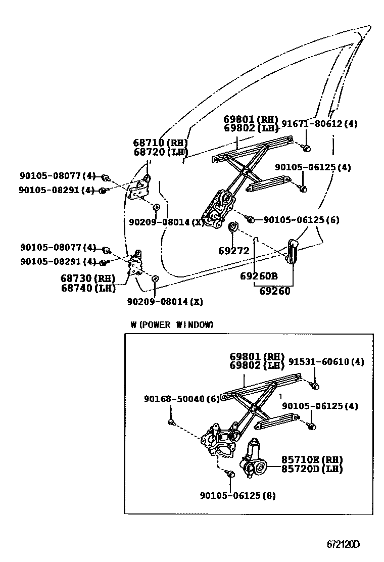 Toyota COROLLA 前门车窗升降器和合页 EPC diagram — 672120G