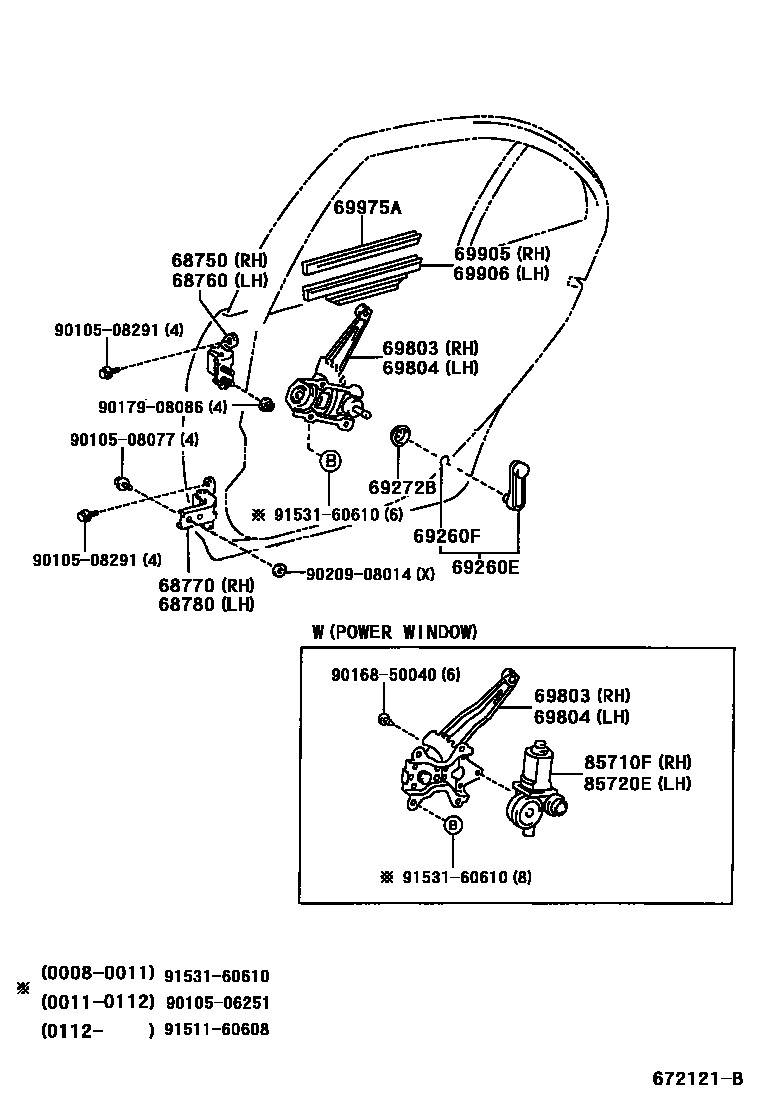 Toyota COROLLA 后门车窗升降器和合页 EPC diagram — 672121B