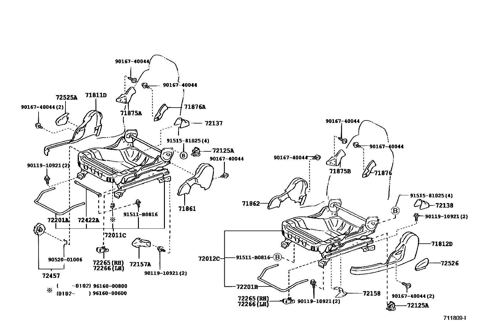 Toyota COROLLA 前排座椅和座椅滑轨 EPC diagram — 711809I