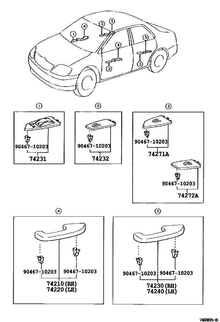 Toyota COROLLA 扶手和遮阳板 EPC diagram — 740805B