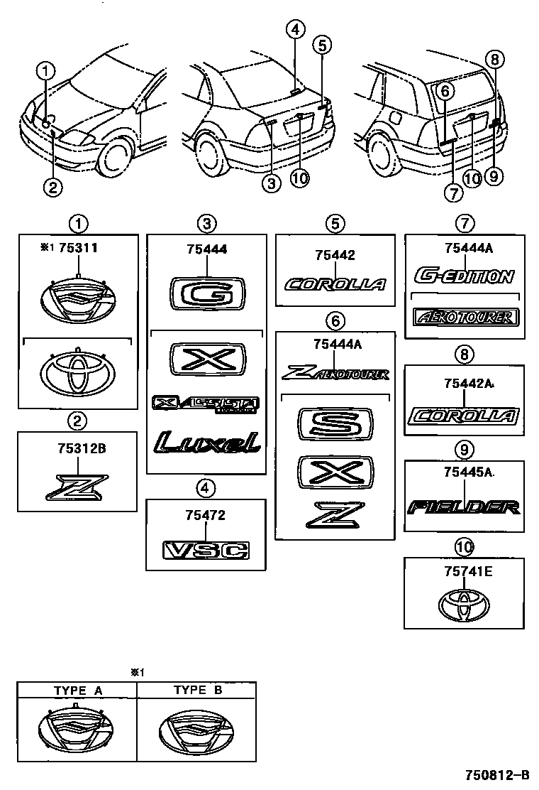 Toyota COROLLA 丰田徽标和铭牌(车外和车内) EPC diagram — 750812B