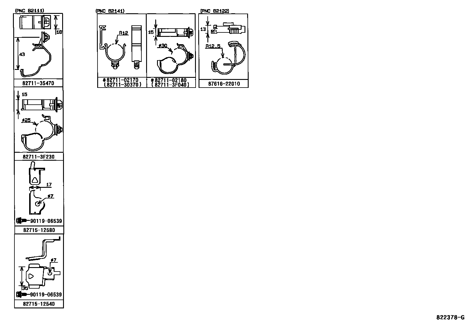 Toyota COROLLA 线束和卡夹 EPC diagram — 822378G