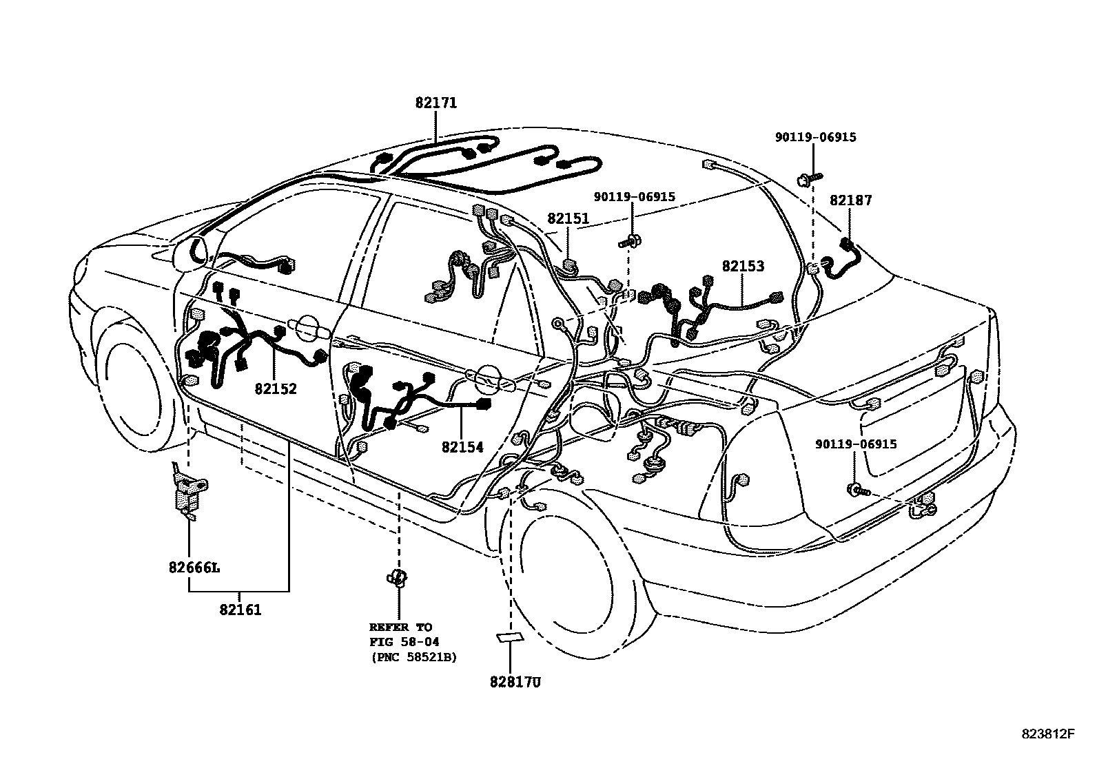 Toyota COROLLA 线束和卡夹 EPC diagram — 823812F
